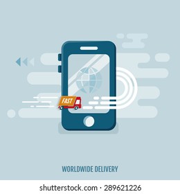 Concept of worldwide delivery. Truck icon with mobile. Flat design. Vector Illustration.