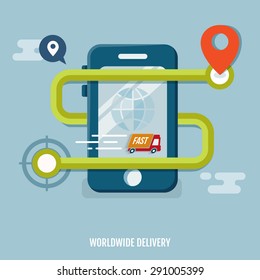 Concept of worldwide delivery. Truck icon with mobile. Flat design. Vector Illustration.