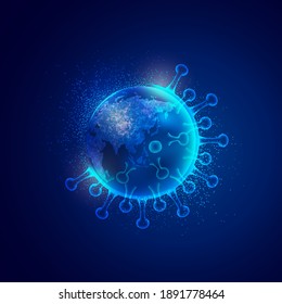 concept of worldwide infections of covid-19, graphic of globe covered with virus