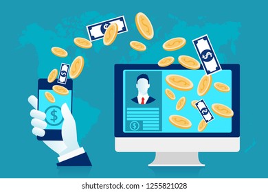 Concept of worldwide money transfer. Sending yellow coins and dollars from smart phone in businessman hands to personal account on computer. Eps 10 Vector illustration Minimalist white blue flat style