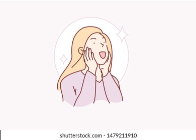 Concept WOW, surprised young happy woman. Beautiful cute girl is pleasantly excited by the gift. Good emotions of happiness. Simple flat vector.