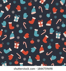 The concept of wrapping Christmas gifts, new year, handmade. Vector seamless pattern made of Christmas illustrations, sweets, socks, mittens, hats and snowflakes. Design template for packaging.