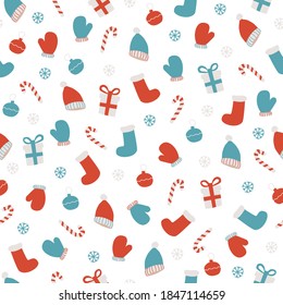 The concept of wrapping Christmas gifts, new year, handmade. Vector seamless pattern made of Christmas illustrations, sweets, socks, mittens, hats and snowflakes. Design template for packaging.