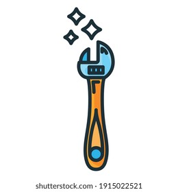Concept wrench construction tool icon, spanner toolkit professional instrument flat line vector illustration, isolated on white. Renovation house stuff, plumbing device.