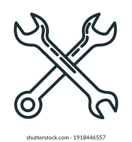 Concept wrench construction tool icon, spanner toolkit professional instrument flat line vector illustration, isolated on white. Renovation house stuff, plumbing device.