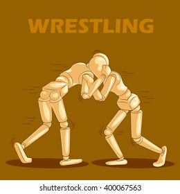 Concept of Wrestling sports with wooden human mannequin. Vector illustration