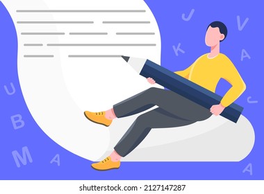 Concept of writer. Man with large pencil writes article, chief editor of site, modern world and promotion on Internet. Copywriter or SEO specialist, page optimization. Cartoon flat vector illustration