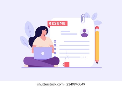 Concept of writing best resume, job search, employees hiring, search for job candidates. Employee writing cv file. New team member in career start. Vector illustration in flat design