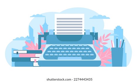 Concept of writing book on typewriter. Chapter of novel or poetry book. professional retro writing, vintage workplace. Creative copywriter. Cartoon flat isolated vector illustration