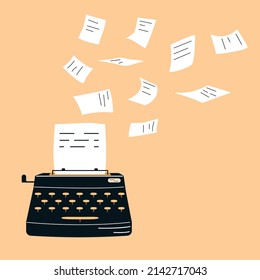 Concept of writing a book. Typewriter with flying sheets of paper. Flat vector illustration about  creative process of the writer.