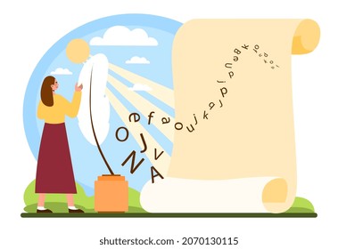 Concept of writing hobby. Girl with pen on carries letters on paper. Writer, cowriter. Little man composes stories, poems. Character engaged in creativity in nature. Cartoon flat vector illustration