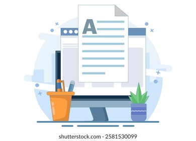 Concept Writing online text document content on desktop computer or creating essay or book on PC, writing script or editing web text file, reading blog article idea. flat cartoon illustration.