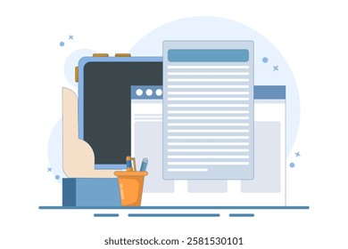 Concept Writing online text document content on desktop computer or creating essay or book on PC, writing script or editing web text file, reading blog article idea. flat cartoon illustration.