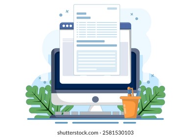 Concept Writing online text document content on desktop computer or creating essay or book on PC, writing script or editing web text file, reading blog article idea. flat cartoon illustration.