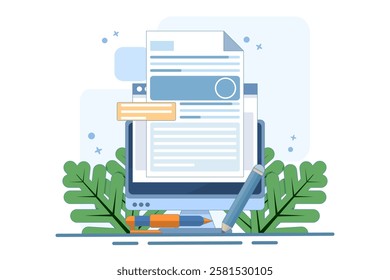 Concept Writing online text document content on desktop computer or creating essay or book on PC, writing script or editing web text file, reading blog article idea. flat cartoon illustration.