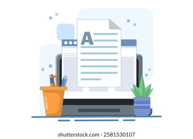 Concept Writing online text document content on desktop computer or creating essay or book on PC, writing script or editing web text file, reading blog article idea. flat cartoon illustration.