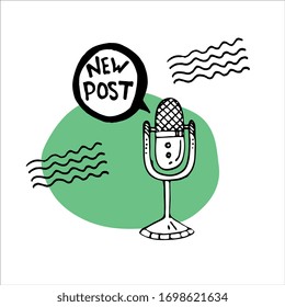 The concept of writing a post for content. Retro microphone. Scandanavian lettering. Abstraction. Design for t-shirt, banner, poster.