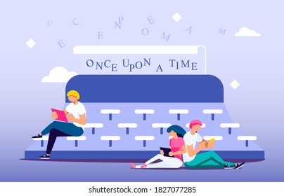 Concept of writing texts and literary works. Tiny people literature text authors on huge  typewriter are Writing Books and Poetry.  Flat Art Vector Illustration