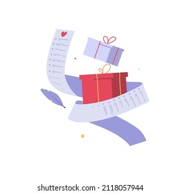 Concept of writing wish list. Planning to buy presents with wishlist. Concept of wishlist, dreaming about gift, making wish. Vector illustration in cartoon design