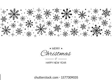 Concept of Xmas greeting card with hand drawn snowflakes and text. Christmas ornament. Vector