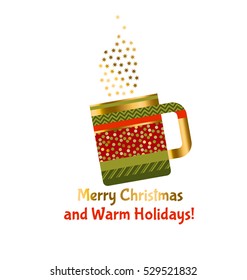 concept xmas style rustic cups. souvenir mugs set with patchwork peasant ornament. Santa cup of tea. abstract greeting card for winter holiday