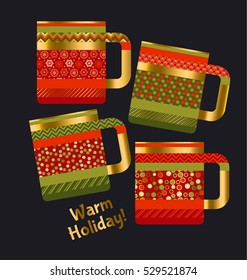 concept xmas style rustic cups. souvenir mugs set with patchwork peasant ornament. Santa cup of tea. abstract greeting card for winter holiday