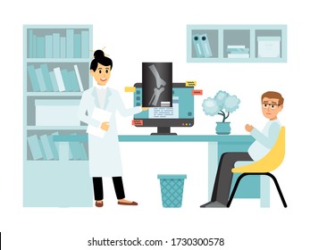 Concept x-ray female doctor character medical examination room, person receives physician consultation isolated on white, flat vector illustration. Woman therapist hold xray leg image.