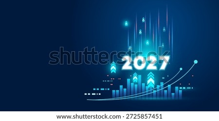 Concept of the year 2027 with glowing digital bar chart, upward arrows, and line graph. Future technology, business growth, and financial forecast background.