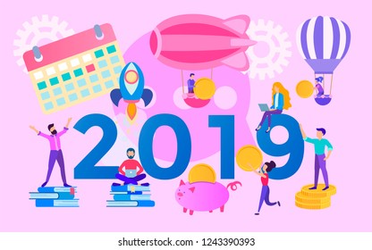 The concept of the year of opportunities 2019, office team, moving towards the goal, increasing profits and saving costs,  corporate concept. Vector illustration for web, posters and social media.
