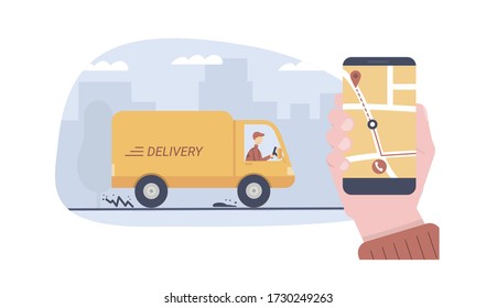 Concept of yellow car truck delivery shipment. Blue city downtown on the background. Hand holding mobile phone and tracking courier on tracking app. Shipping cargo logistic. Flat cartoon illustration.