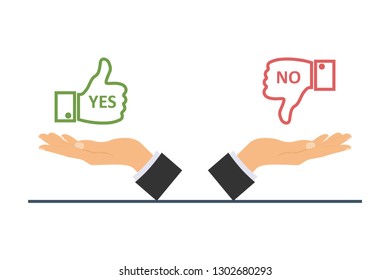Concept Yes or No. Symbol Yes or No in hand. Vector illustration.