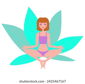 Concept of yoga classes, meditation, relaxation. A beautiful girl with closed eyes in a purple suit sitting against a background of large green leaves in the lotus position. Vector illustration.