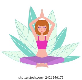 Concept of yoga classes, meditation, relaxation. A beautiful girl with closed eyes in a purple suit sitting against a background of large green leaves in the lotus position. Vector illustration.