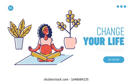 Concept Of Yoga For Pregnant, Healthy Lifestyle And Motherhood. Website Landing Page. Happy Pregnant Woman In Lotus Pose Do Yoga In The Gym. Web Page Cartoon Outline Linear Flat Vector Illustration