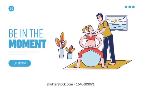 Concept Of Yoga For Pregnant, Sport Fitness Activities. Website Landing Page. Happy Couple Man and Pregnant Woman Visiting Parenting Classes. Web Page Cartoon Outline Linear Flat Vector Illustration