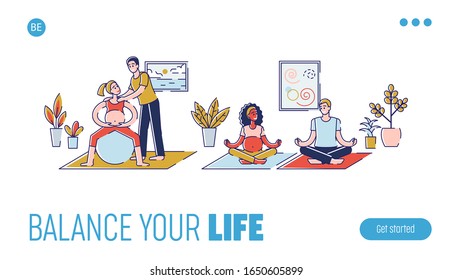 Concept Of Yoga For Pregnant, Sport Fitness Activities. Website Landing Page. Happy Couples Men and Women Waiting Baby Are Exercising In Gym. Cartoon Outline Linear Flat Vector Illustration