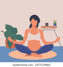 Тhe concept of yoga for pregnant women is the lotus pose. Relax, meditation for the expectant mother. vector illustration