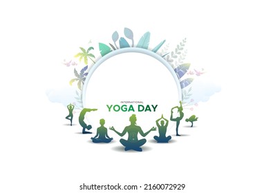Concept of Yoga with Text International yoga day. Yoga Body Posture. Group of people practicing yoga.