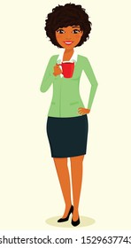 The concept, young black girl, the businessman. Girl with a cup of coffee in hand. Business and Finance. Character. Flat style on white background. Cartoon.