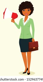 The concept, young black girl, the businessman. Girl holding a megaphone in his hand . Business management. Business and Finance. Character. Flat style on white background. Cartoon.