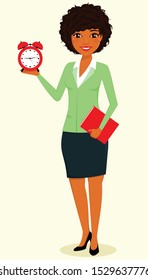 The concept, young black girl, the businessman. A girl with an alarm clock in her hand. Business and Finance. Character. Flat style on white background. Cartoon.