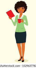 The concept, young black girl, the businessman. A girl with a Cup of coffee in her hand and reading a book. Business and Finance. Character. Flat style on white background. Cartoon.