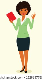 The concept, young black girl, the businessman. The girl reads a book and makes a gesture. Business and Finance. Character. Flat style on white background. Cartoon.