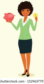 The concept, young black girl, the businessman. The girl holds a piggy Bank and a coin. Savings in business. Business and Finance. Character. Flat style on white background. Cartoon.