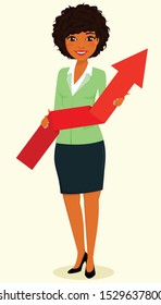 The concept, young black girl, the businessman. Girl holding up arrow. Success in business. Business and Finance. Character. Flat style . Cartoon.
