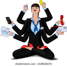 Concept. Young Business Woman In The Image Of The Multi-armed Deity Shiva Copes With Multitasking While Sitting In The Yoga Lotus Position 