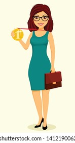 Concept, young businessman girl. Girl holding a gold medal in her hand. Success in business. Business and Finance. Character. Flat style on white background. Cartoon.