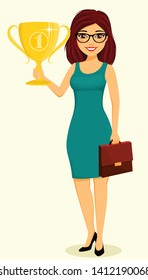 Concept, young businessman girl. The girl holds a gold trophy in her hand. Success in business. Business and Finance. Character. Flat style on white background. Cartoon.