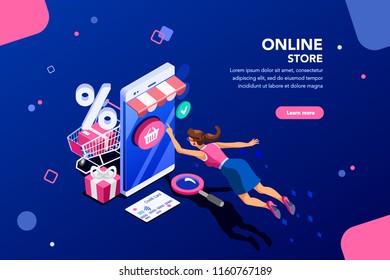 Concept of young buyer online using smartphone items. Consumer and fashion e-commerce, consumerism or sale concept. Characters, text for store. Flat isometric infographic images vector illustration