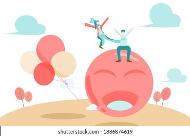 Concept of a young couple who are doing activities happy holidays.  man sitting and a woman jumping on a ball  Have fun.  Flat style vector illustration for the content lifestyle, happy people, joyful